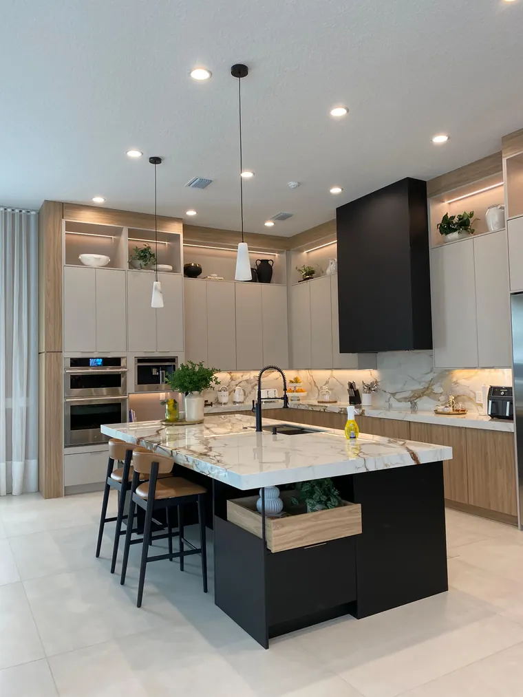 Cabinetry and pendant lighting